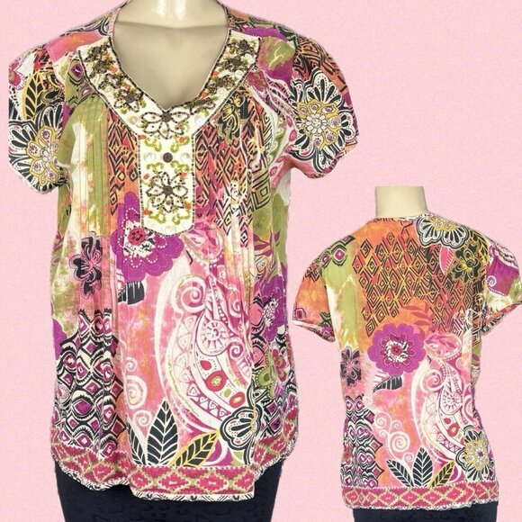 Dressbarn L Pink Floral V-Beads-Button Neckline Pin-Tuck Detail Short Sleeve Top - Picture 1 of 6